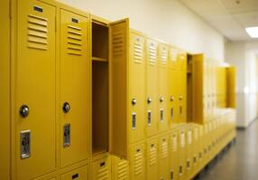 A close up view of yellow lockers in a school hallway, some open, offering a look inside. photo