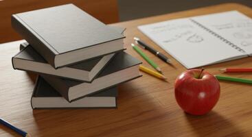 A pile of books and a red apple sit on a desk, ready for a study session. photo