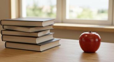A pile of books and a red apple arranged on a wooden surface with a window in the background. photo