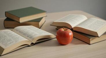 An apple sits next to an open book, a perfect symbol of knowledge and learning. photo