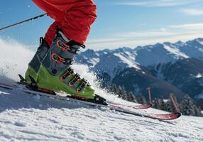 Skier gliding downhill in fresh powder snow with beautiful mountain scenery. photo