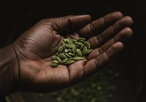 An open palm holds a pile of fresh green pumpkin seeds, ready for the harvest. photo