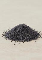A mound of tiny dark poppy seeds sits on a neutral surface, capturing texture. photo