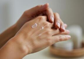 A person's hands with cream applied, focusing on skin care and moisturization. photo