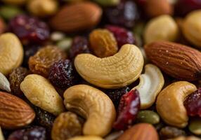 Delicious assortment of various nuts and dried fruits, perfect for snacking. photo