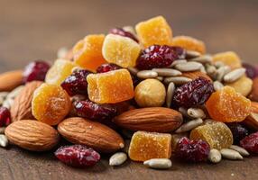 A delightful arrangement of mixed nuts and dried fruits offering a nutritious snack. photo