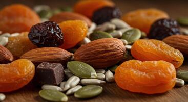 An inviting assortment of dried fruits, nuts, and seeds creating a delicious mix. photo