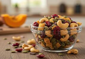 A vibrant bowl of trail mix, full of nuts, seeds, and dried fruit for a healthy snack. photo