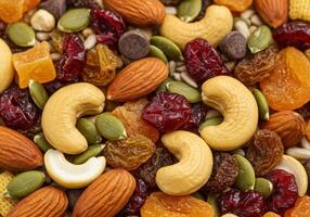 A delicious assortment of various nuts and dried fruits, creating a colorful and textured mix. photo