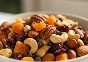 A close up shot of a bowl filled with various nuts and dried fruits. photo