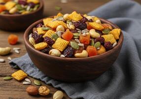 A vibrant mix of nuts, seeds, and dried fruits fills a rustic bowl on a wooden table. photo
