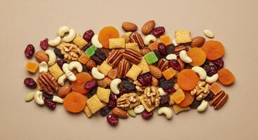 A colorful arrangement of assorted nuts, dried fruits, and crackers, creating a tasty snack. photo
