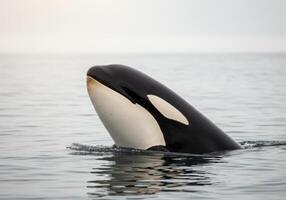 A stunning view of a killer whale as it surfaces above the water's calm surface. photo