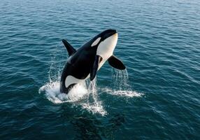 A magnificent orca whale leaps out of the water in a display of power and grace. photo