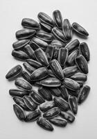 A close up view of many sunflower seeds forming an interesting shape in grayscale. photo
