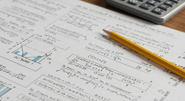 Detailed view of mathematical equations with a pencil, showing the complexity of math. photo