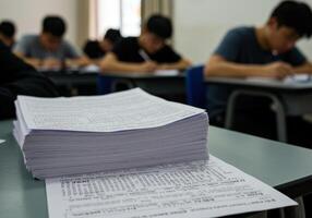 A stack of exam papers sits on a desk as students take a test in the classroom setting. photo