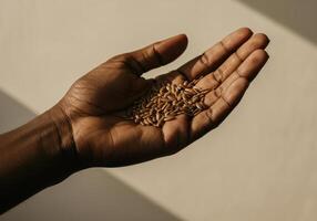 An open hand gently cradles a portion of flax seeds against a neutral, softly lit backdrop. photo