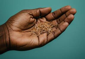 An open hand gently cradles a small pile of golden flax seeds against a serene teal backdrop. photo