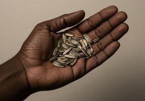 An open hand cradles a heap of fresh sunflower seeds, captured in a focused view. photo