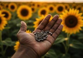 A hand presents a collection of sunflower seeds with a blurred field background. photo