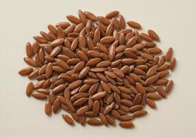 A pile of flax seeds, showcasing the tiny grains on a light colored backdrop. photo