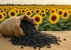 A rustic scene of sunflower seeds spilling from a burlap bag in a vibrant field. photo