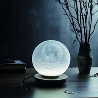 Illuminated moon lamp casts a soft glow in a dimly lit room, creating a tranquil atmosphere with decorative branches and a book adding depth and ambiance to the serene scene photo