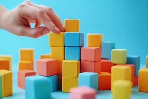 Hand placing a wooden toy block atop a colorful tower of building blocks, creating a playful and vibrant construction with a blue background, showcasing imagination and creativity photo