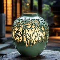 Elegant Decorative Vase with Intricate Bamboo Design Glowing Softly on a Stone Surface in Serene Outdoor Setting, Creating a Warm and Tranquil Ambiance photo