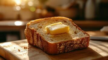 Golden slice of toast with melting butter on wooden board bathed in warm sunlight for breakfast enjoyment, a perfect representation of comfort food and simple pleasures photo