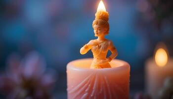 Elegant candle featuring a woman figurine emitting a soft glow, creating a serene atmosphere with blurred background and gentle lighting, perfect for meditation and relaxation. photo