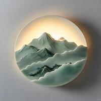 Captivating Mountain Landscape Artwork Displayed on Circular Wall Decor, Featuring Scenic Peaks and Tranquil Clouds, Enhanced by Soft Lighting, Creating a Peaceful Ambiance photo