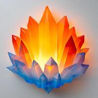 Illuminated Crystal Formation Displaying a Gradient of Blue, Orange, and Yellow Radiance, Reflecting Light in a Unique and Decorative Arrangement, Showcasing Artistic Craftsmanship photo
