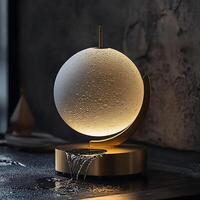 Illuminated Moon Lamp with Flowing Water Feature Displaying Tranquility and Modern Design, Casting Soft Light in a Serene Atmosphere, Decorative Interior Design photo