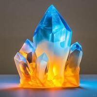 Captivating Blue and Orange Crystal Cluster Displaying Geometric Facets and Translucent Texture with Light Emanating From Its Core, Illustrating Mineral Beauty photo