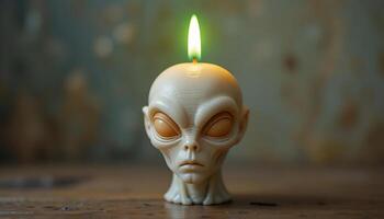 Intricate Alien Head Candle Burning with a Soft Green Flame, Casting Eerie Shadows in a Mysterious and Atmospheric Setting, Creating a Unique and Surreal Visual Experience photo