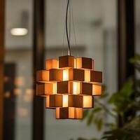 Illuminated wooden cube pendant light fixture showcasing modern design and warm ambiance in an interior space, suspended gracefully from the ceiling with natural light filtering through photo