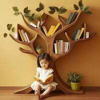 Adorable Little Girl Reading a Book Sitting by a Tree Bookshelf in a Cozy Room with Natural Light, Engaged in Early Learning and Enjoying a Quiet Moment of Childhood Innocence photo