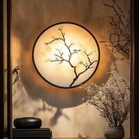 Illuminated Wall Art Featuring a Blooming Tree Inside a Circular Frame Casting Shadows on Textured Wall, with Decorative Plants and Minimalist Decor photo