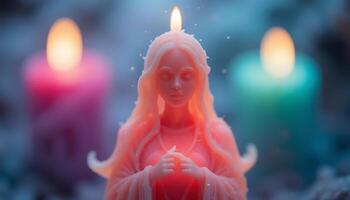 Serene candle sculpture of a woman meditating amidst glowing lights evokes a sense of peace and tranquility in a spiritual setting for wellness and mindfulness practices photo