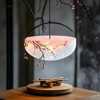 Elegant Interior Lighting Fixture Featuring Cherry Blossom Design Illuminating a Wooden Table with Decorative Miniature Cart Displayed in a Serene Setting photo