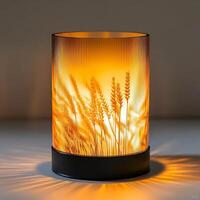 Illuminated cylindrical lamp showcasing a wheat field design casting warm light patterns, creating an ambiance of rustic charm and gentle illumination, bringing nature indoors photo