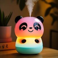Adorable panda humidifier emitting soothing vapor in a cozy room with soft ambient lighting, creating a calming atmosphere and enhancing air quality for relaxation and wellness photo