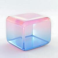 Iridescent Cube Reflecting Soft Pink and Blue Gradient Light with Smooth Rounded Edges Casting Subtle Shadow on White Background in Modern Design photo