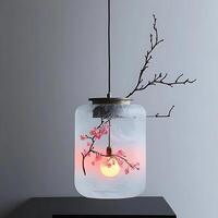 Decorative Pendant Lamp with Cherry Blossom Design Illuminating a Room with Warm Light, Featuring Artistic Branch Accents and a Unique Glass Shade Display photo