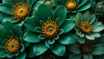 Captivating close up of vibrant green lotus flowers with golden yellow centers, showcasing detailed petal texture and floral arrangement in natural light for botanical beauty photo
