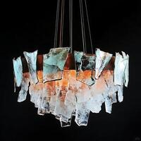 Elegant glass chandelier with broken ice fragments suspended from thin wires against a dark background, creating a modern and artistic lighting fixture for interior design. photo