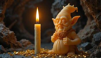 Enigmatic gnome guarding gold with candlelight illuminating his cave a treasure trove adventure fantasy and folklore a mysterious guardian photo