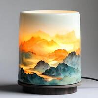 Illuminated Cylinder Lamp Displaying Mountain Landscape Art, Glowing with Warm Light Creating Serene Ambiance, Decorative Lighting Enhancing Interior Design with Artistic Flair photo